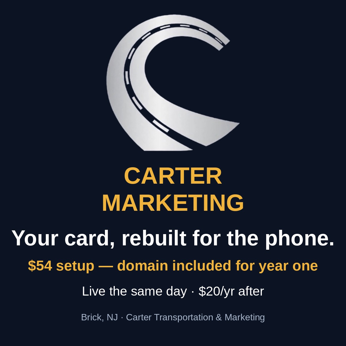 Your card, rebuilt for the phone — $54 setup, domain included for year one. Live the same day, $20/yr after.